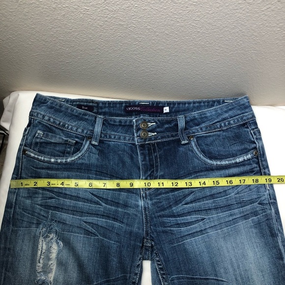 Vigoss Collections Cotton Bled Blue Wash Ripped Distress Mid Rise Boot Jeans 11 - Picture 11 of 16